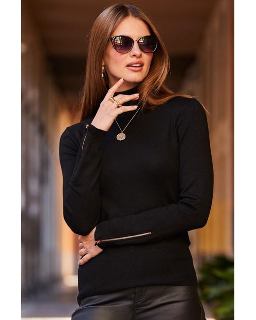 Sosandar Black Roll Neck Rose Zip Detail Jumper Leather
