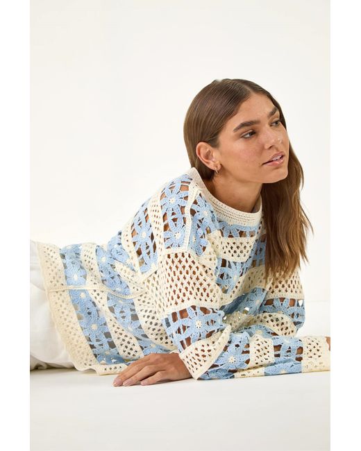 Roman Blue Floral Stripe Crochet Knit Jumper