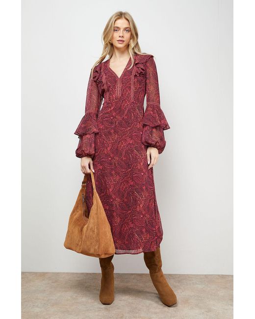 Oasis Red Printed Trim Detail Frill Shoulder Midi Tea Dress