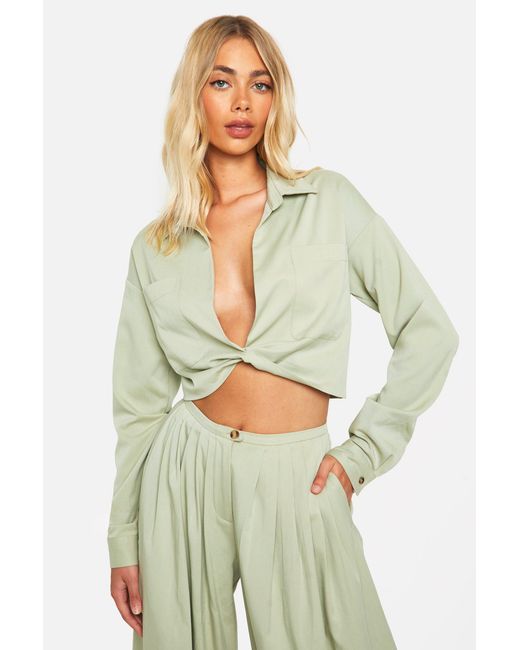 Boohoo Green Linen Look Relaxed Fit Twist Front Shirt