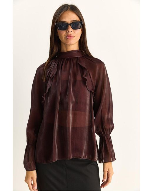 Bianco Lucci Red Frilly Mandarin Collar Button-Up Shirt