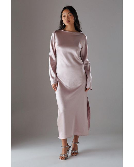 Warehouse Gray Petite Crinkle Satin Bias Tie Sleeve Midi Dress