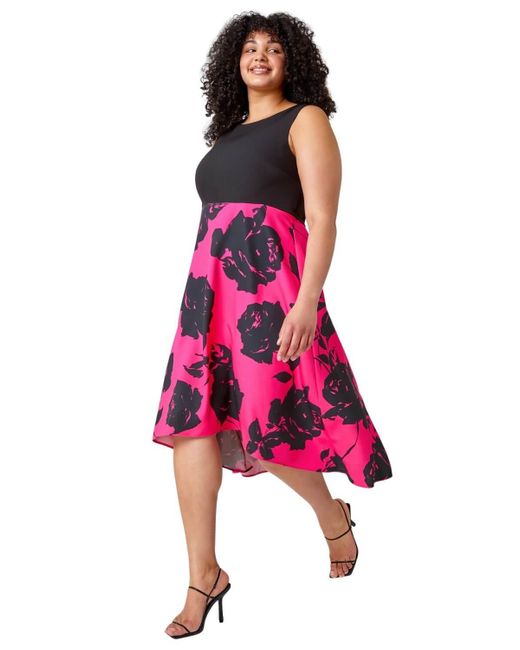 Roman Curve Pink Premium Stretch Floral Midi Dress