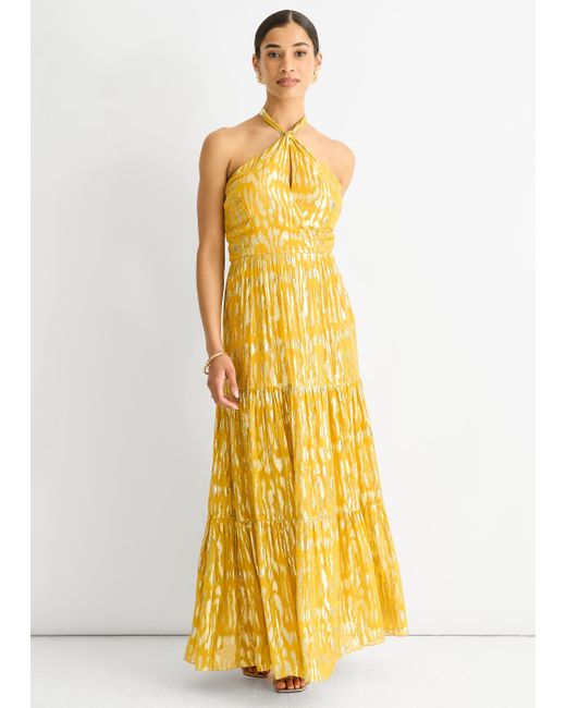 Gini London Yellow Animal Jacquard Halter Neck Maxi Dress