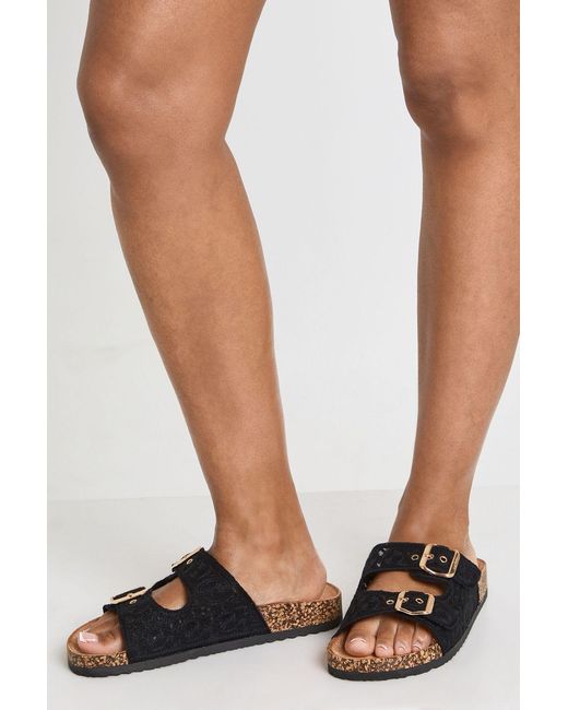 Boohoo Black Crochet Detail Double Buckle Footbed Sliders