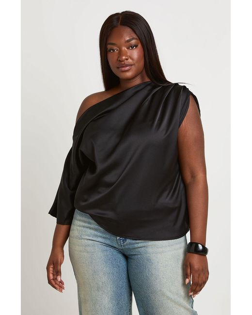 Boohoo Black Plus Satin Ruched Shoulder Off The Top