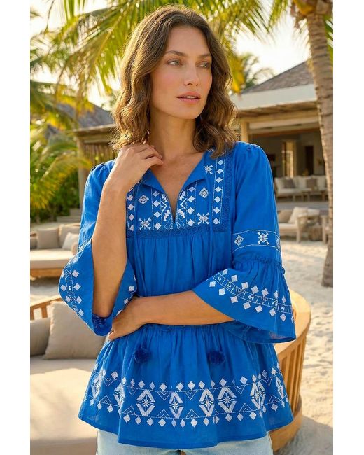 Roman Blue Petite Contrast Print Pom Pom Top