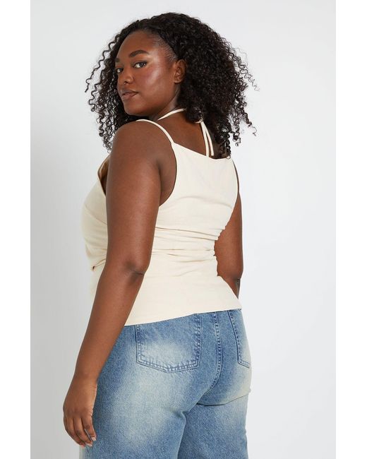 Boohoo Blue Plus Linen Ruched Shoulder Tie Back Top