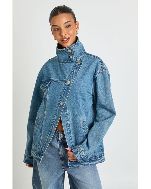 Boohoo Blue Funnel Neck Denim Jacket