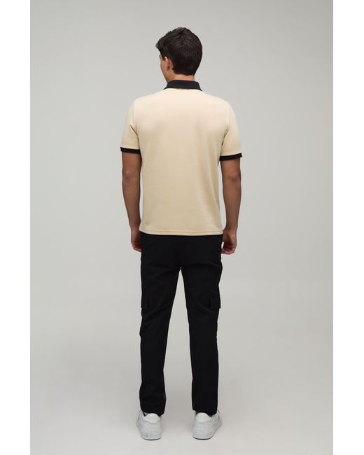 BoohooMAN White Slim Panelled Zip Neck Interlock Polo for men