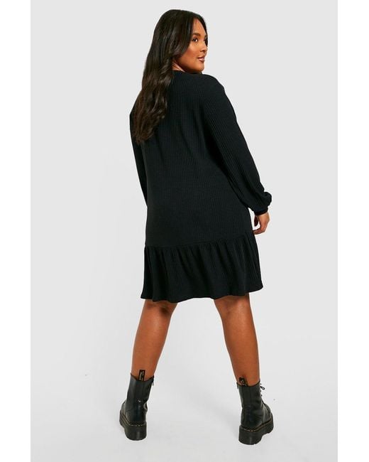 Boohoo Black Plus Soft Rib Ruffle Hem Smock Dress