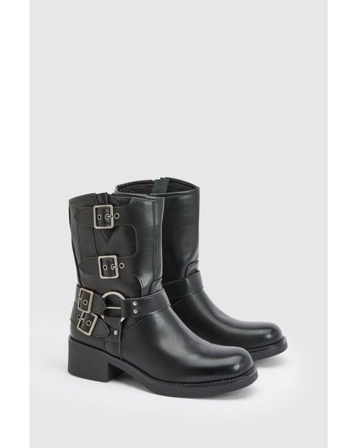 Faith Black Seline Faux Leather Medium Block Heel Biker Boots