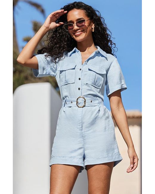 Sosandar Blue Linen Blend Utility Playsuit
