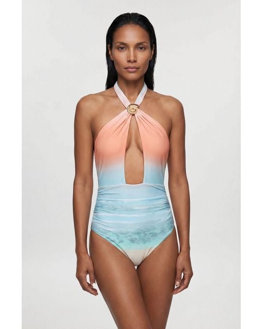 Karen Millen Blue Sunset Placement Print Swimsuit