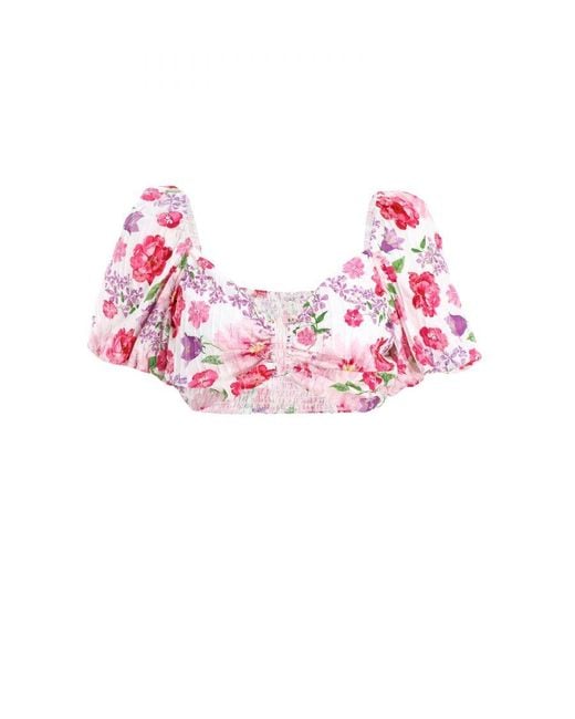 Quiz Pink Floral Puff Sleeve Crop Top