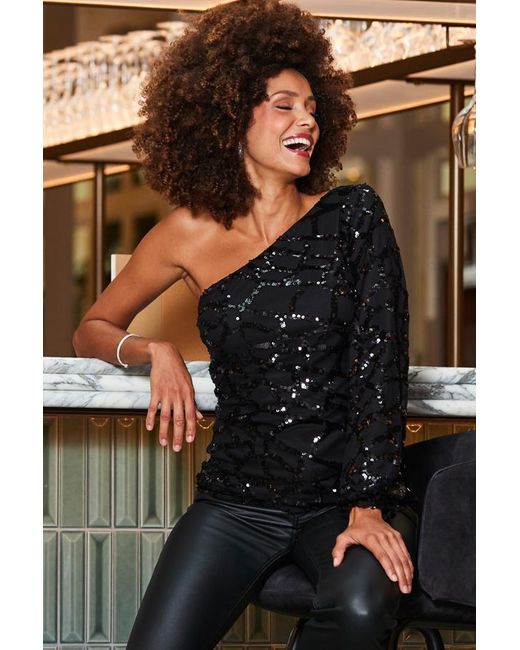 Sosandar Black Sequin Asymmetrical One Shoulder Top