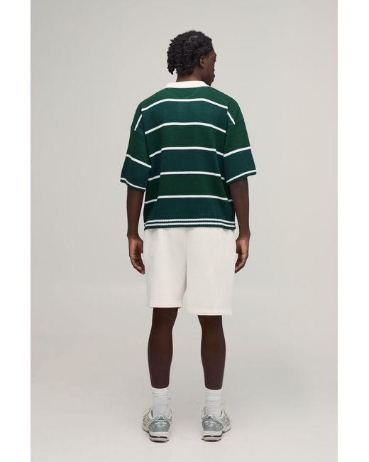 BoohooMAN Green Regular Varsity Striped Embroidered Knitted Polo for men