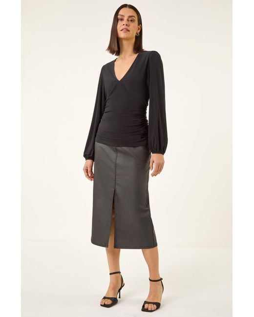 Roman Black Gathered V-Neck Stretch Top