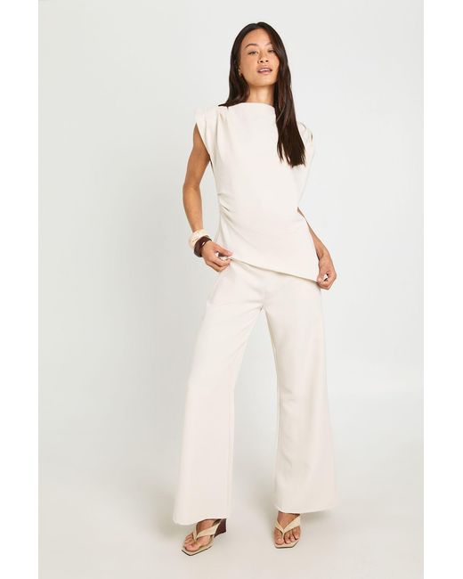 Boohoo Natural Tall Asymmetric Shoulder Pad Top & Straight Leg Trouser Co-Ord