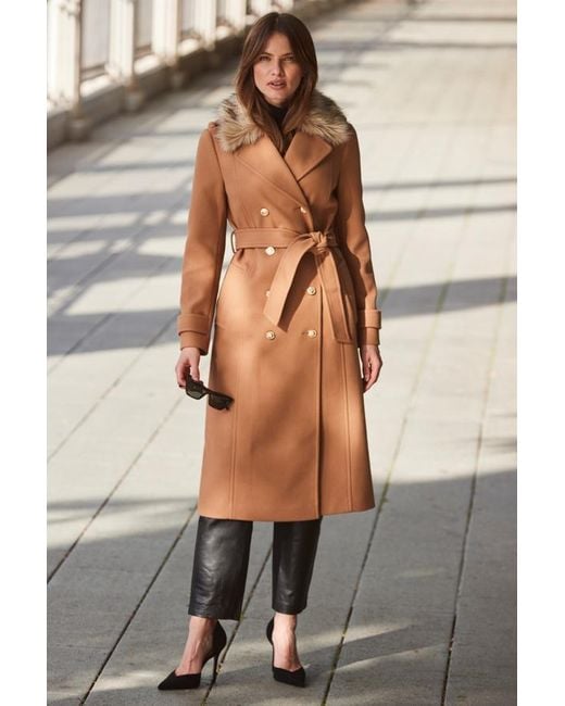 Sosandar Gray Camel Longline Faux Wool Trench Coat With Fur Collar