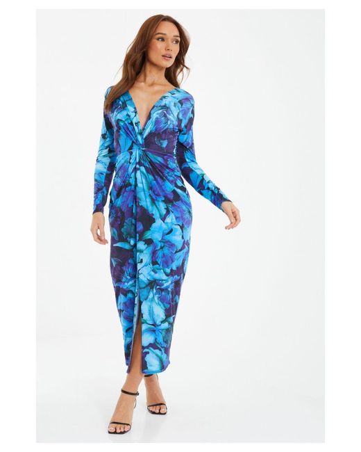 Quiz Blue Floral Ruched Maxi Dress