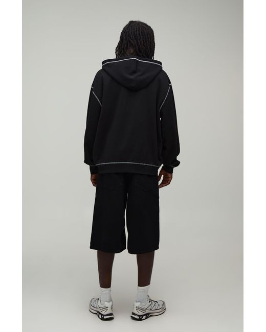 BoohooMAN Black Heavyweight Oversized Contrast Stitch Waffle Zip Through Hoodie for men