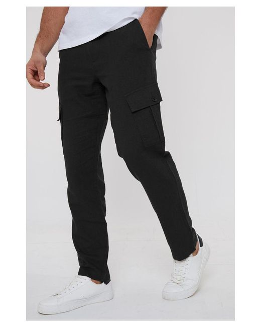 Threadbare Black 'Ramsay' Linen Blend Cargo Trousers for men