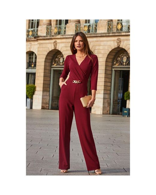 Sosandar Purple Burgundy Faux Wrap Chain Detail Wide Leg Jumpsuit