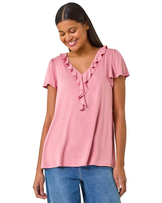 Roman Pink Ruffle Front Stretch Top