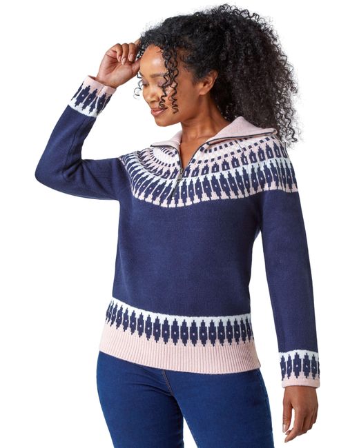 Roman Petite Blue Fairisle Zip Detail Jumper