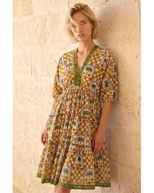 Roman Natural Palm Check Print Boho Dress