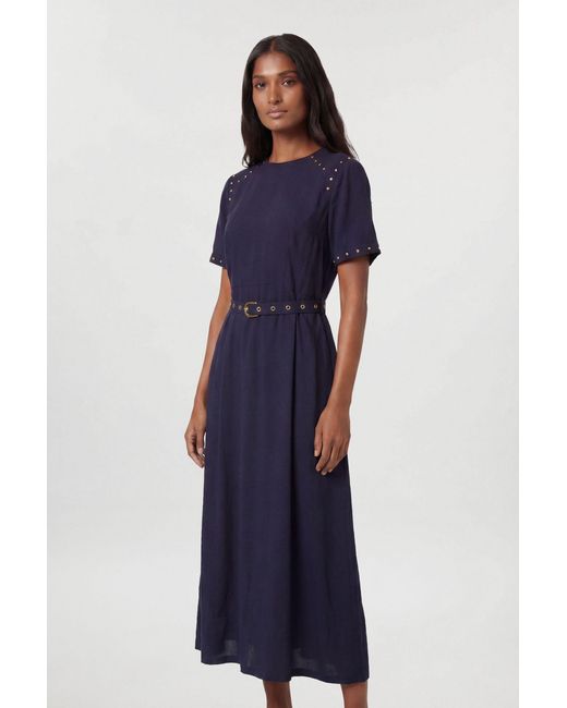 Karen Millen Blue Premium Viscose Linen Woven Midi Dress With Stud Detail