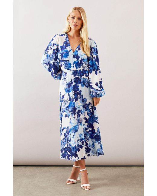 Wallis Blue Petite Floral Viscose Wrap Dress