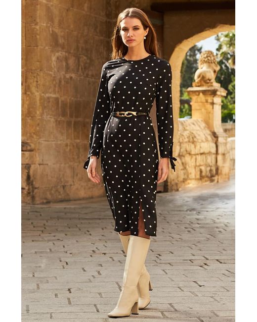 Sosandar Brown Polka Dot Tie Sleeve Dress