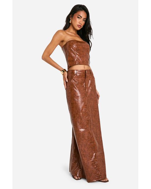 Boohoo Brown Croc Look Faux Leather Maxi Skirt