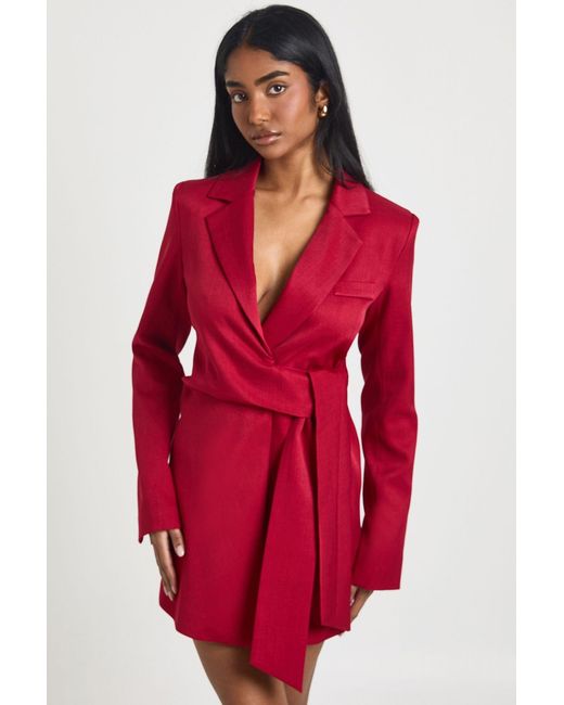 Boohoo Red Wrap Tie Belt Detail Blazer Dress