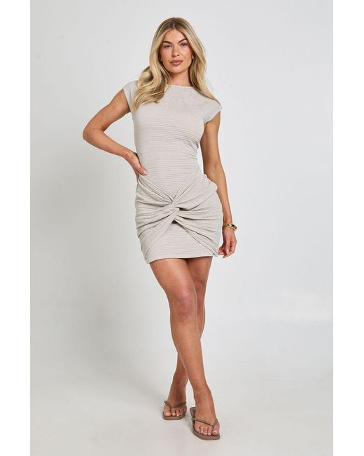 Boohoo White Textured Cap Sleeve Twist Front Mini Dress