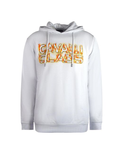 Roberto Cavalli White Fire Logo Hoodie Cotton for men