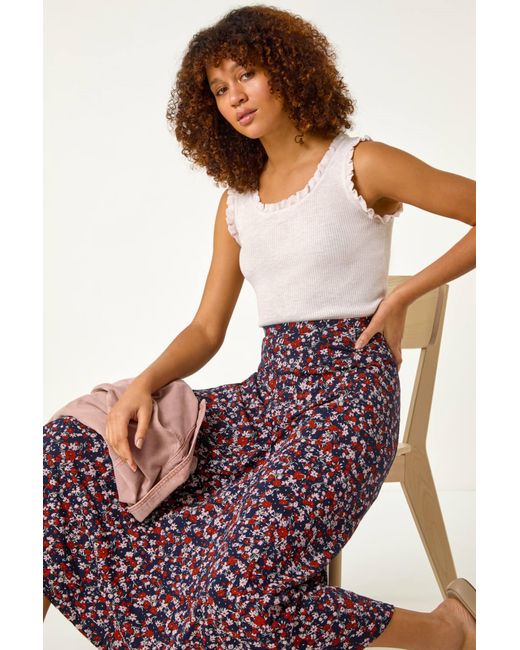 Roman Red Ditsy Floral Stretch Midi Skirt