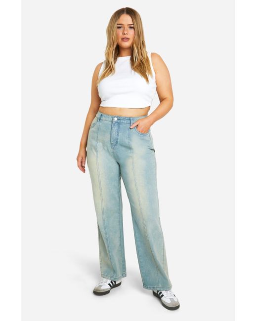 Boohoo Blue Plus Bleach Wash Cut And Spliced Bum Detail Jeans