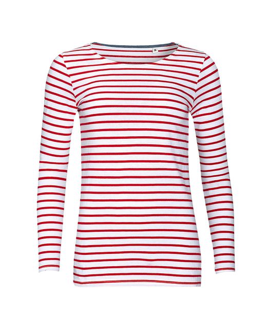 Sol's Red Ladies Marine Long Sleeve Stripe T-Shirt Cotton