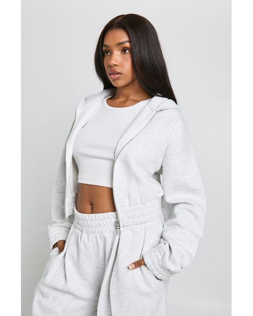 Boohoo White Cropped Double Zip Cinched Waist Hoodie