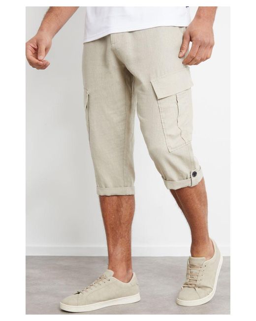 Threadbare Natural 'Memphis' Linen Blend 3/4 Length Cargo Trousers for men