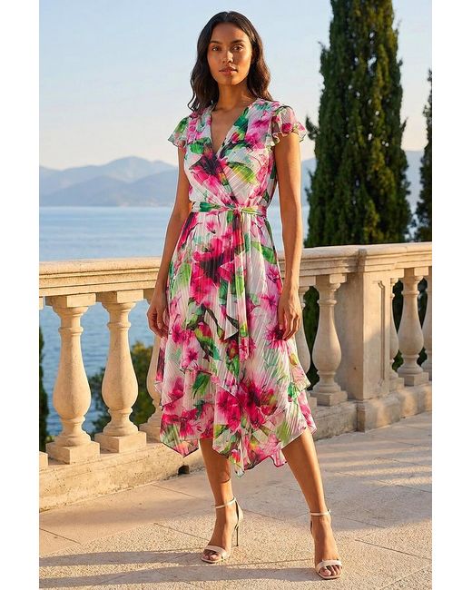 Roman White Floral Ruffle Tie Waist Midi Dress