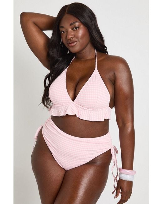Boohoo Pink Plus Gingham Ruffle Bikini Top & Ruched High Waist Bottom