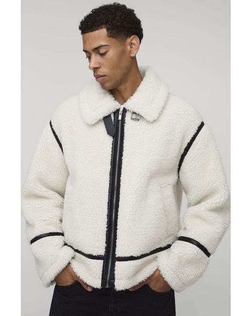 BoohooMAN Natural Oversized Fit Borg Pu Seam Aviator Jacket for men