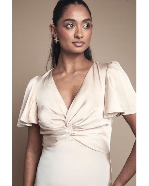 Oasis Natural Satin Twist Front Angel Sleeve Midi Bridesmaid Dress