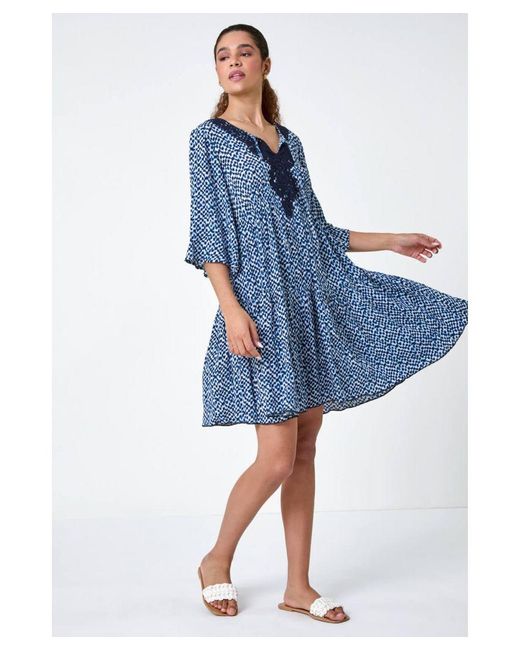 Roman Blue Spot Print Lace Detail Smock Dress