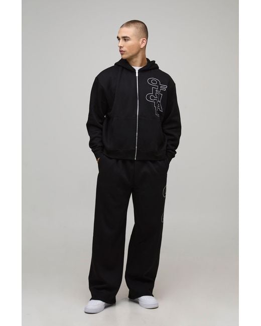 BoohooMAN Black Oversized Boxy Official Outline Zip Through Hooded Tracksuit for men