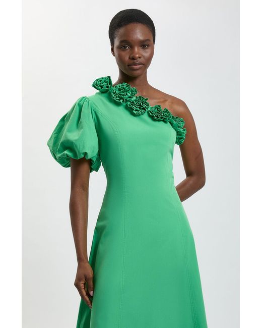 Karen Millen Green Corsage Detail Cotton Poplin Midi Dress